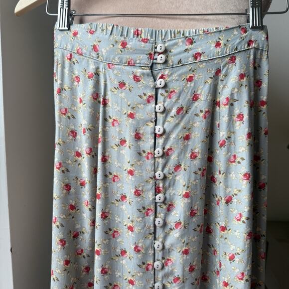 Vintage 90s Express Floral Midi Skirt Blue Rose Print Button Front Cottagecore S - Picture 2 of 11